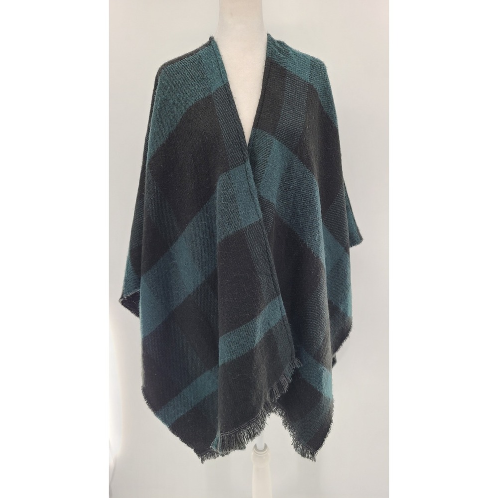 ANN TAYLOR FACTORY Plaid Open‎ Front Poncho Wrap Shawl Scarf Fringe One Size